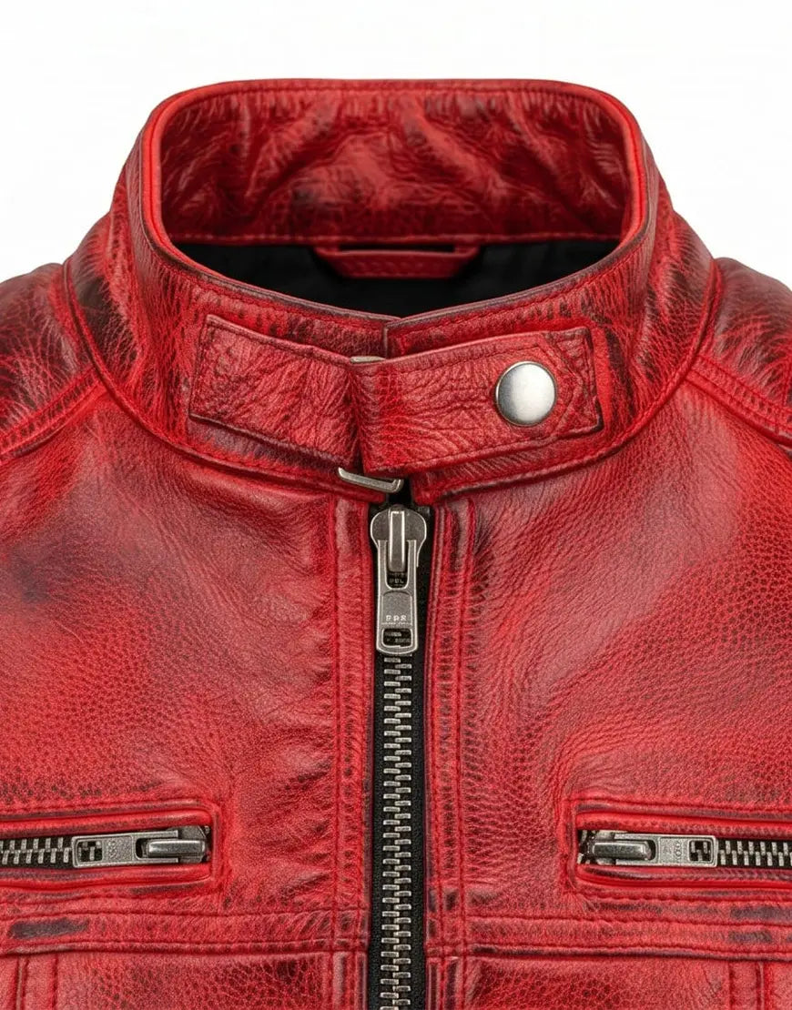 Quilted Cafe Racer Red Distressed Moto Leather Jacket