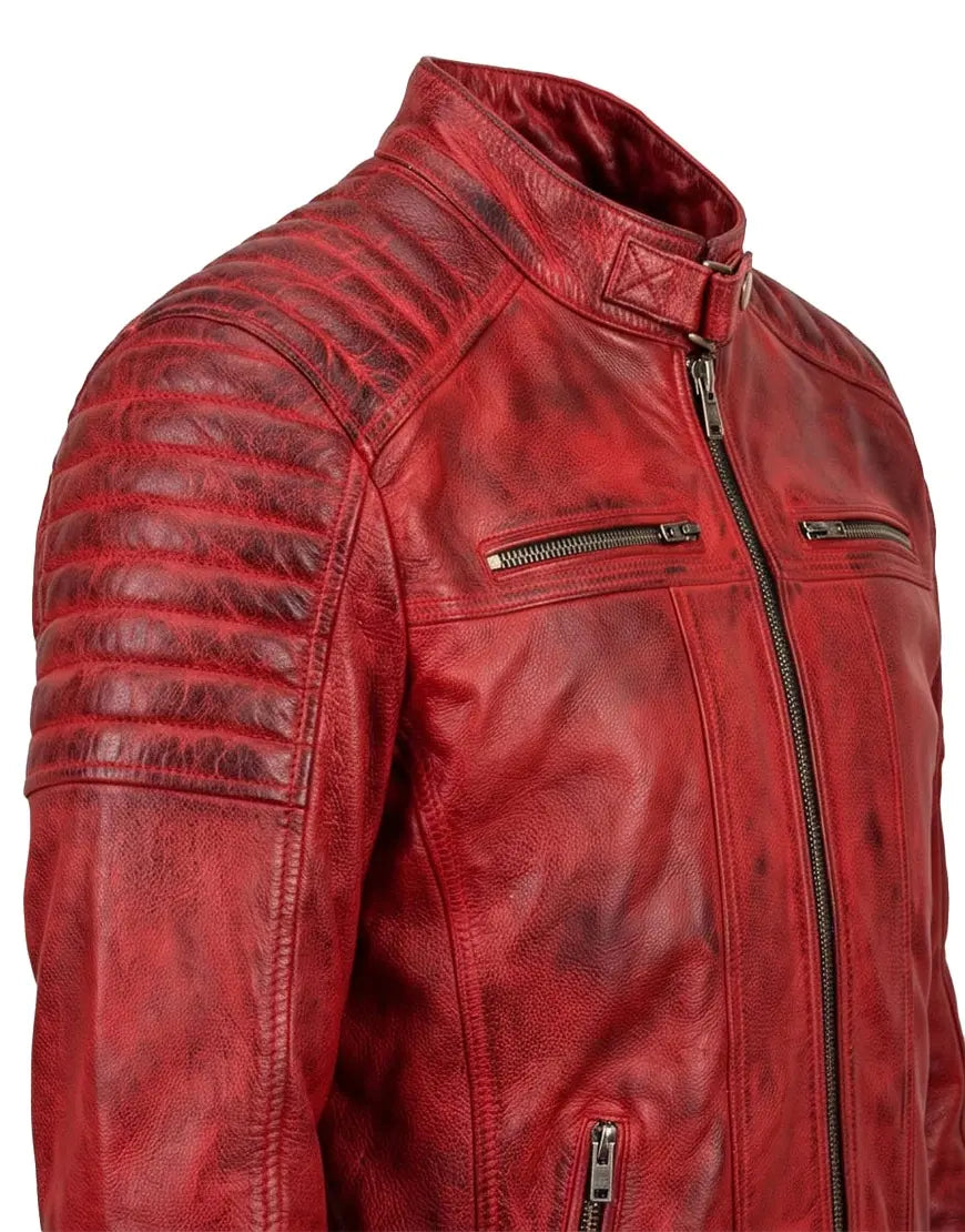Quilted Cafe Racer Red Distressed Moto Leather Jacket