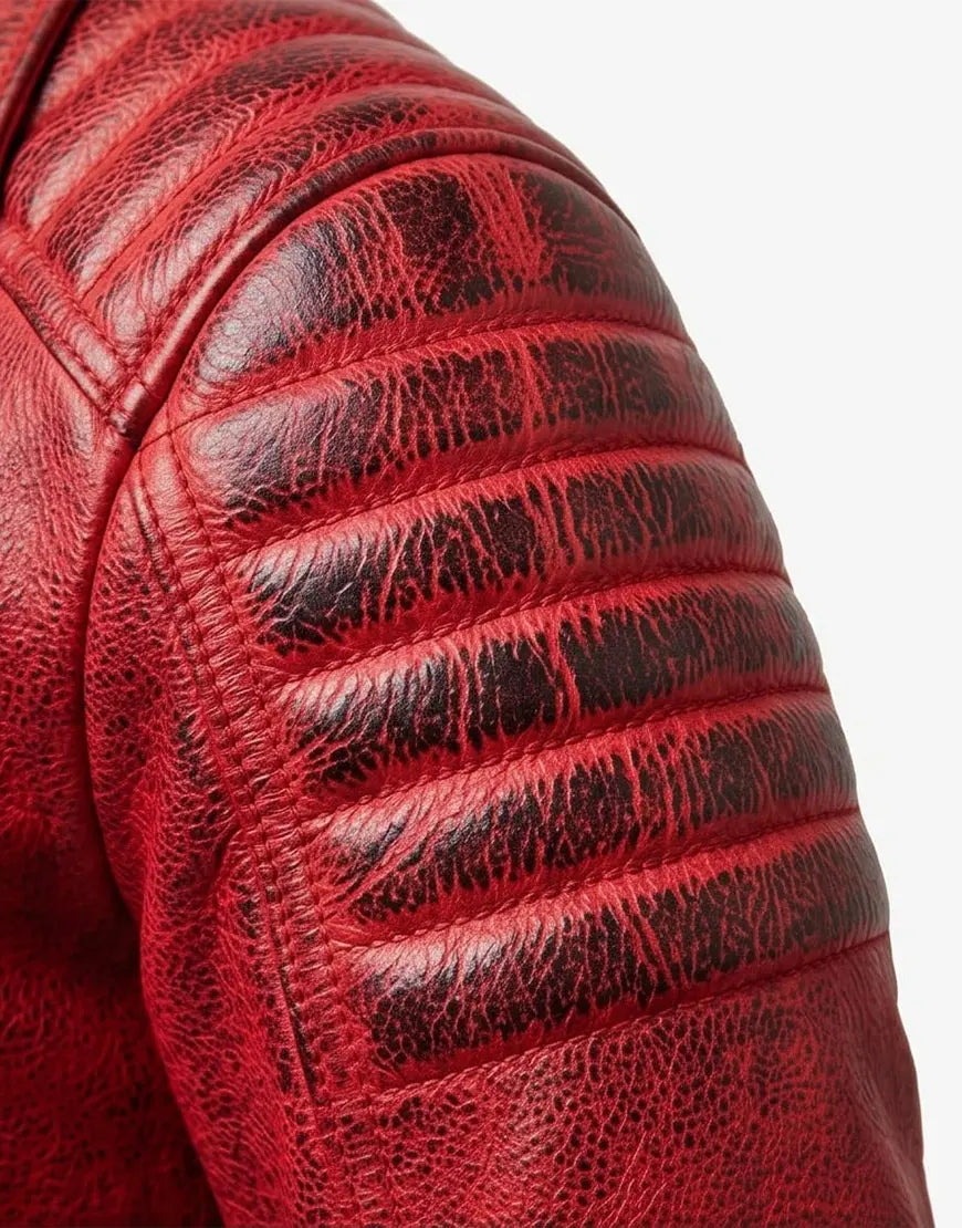 Quilted Cafe Racer Red Distressed Moto Leather Jacket