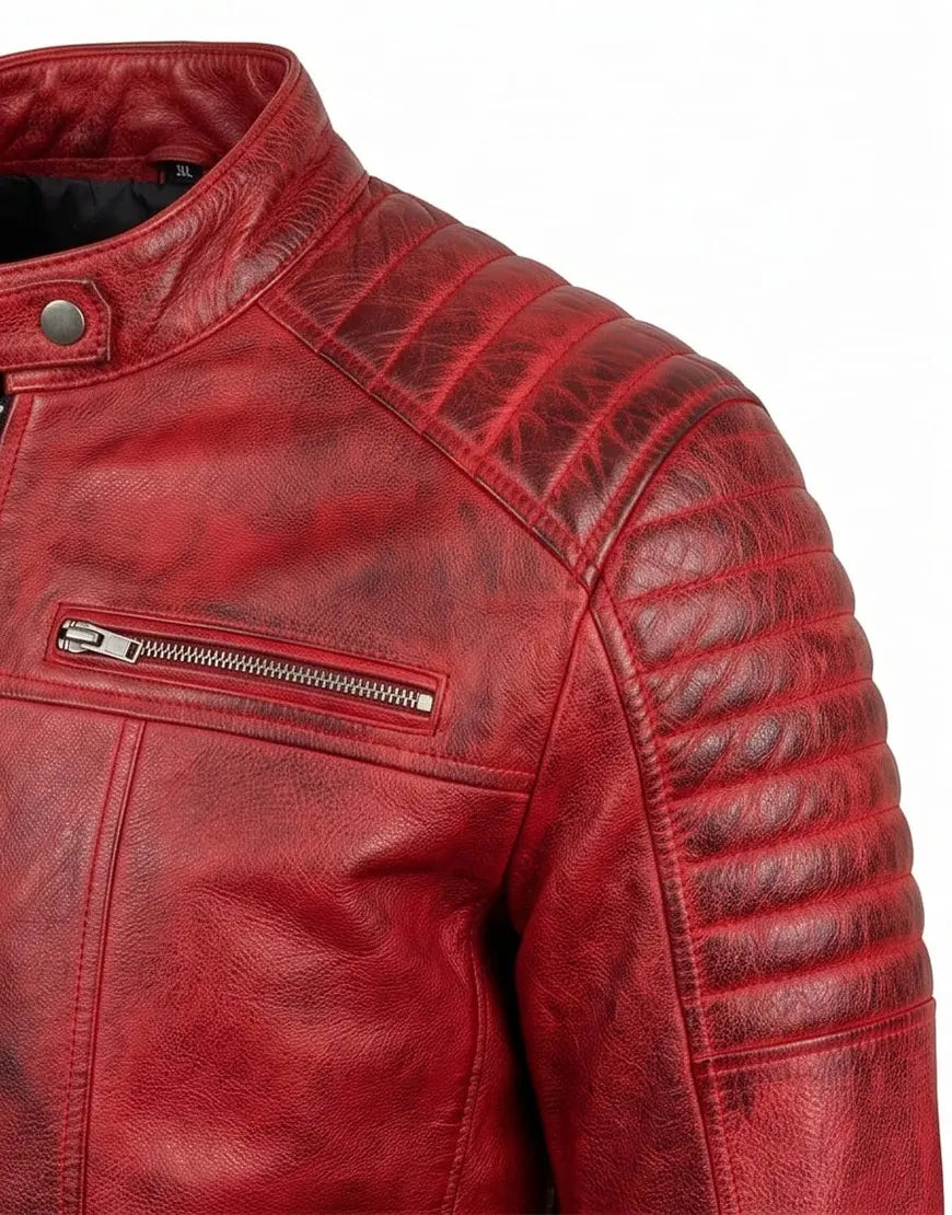 Quilted Cafe Racer Red Distressed Moto Leather Jacket