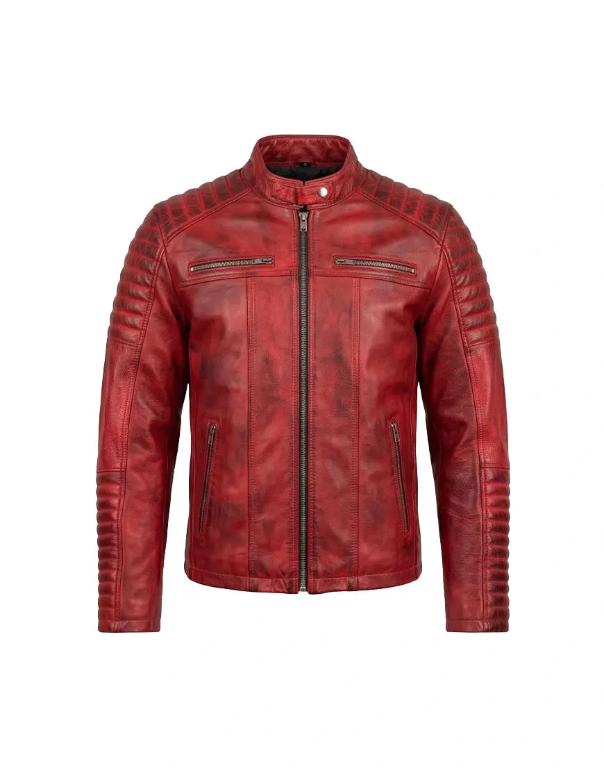 Quilted Cafe Racer Red Distressed Moto Leather Jacket