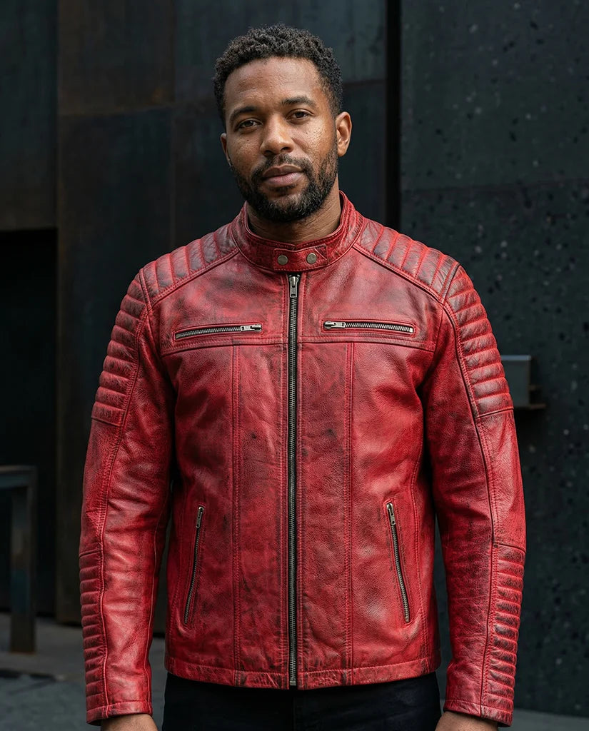 Quilted Cafe Racer Red Distressed Moto Leather Jacket