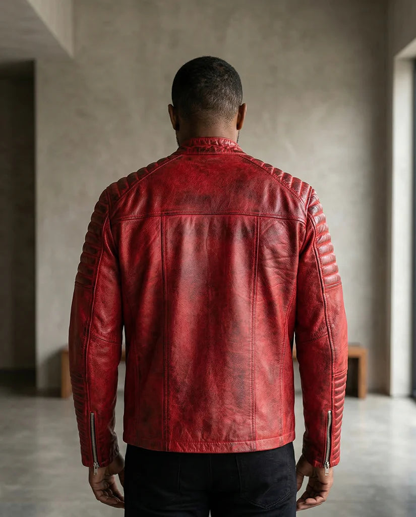 Quilted Cafe Racer Red Distressed Moto Leather Jacket