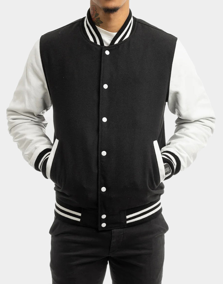 Jude Men's Varsity Jacket black premium leather varsity jacket for men by Gloss Leather stylish winter wear