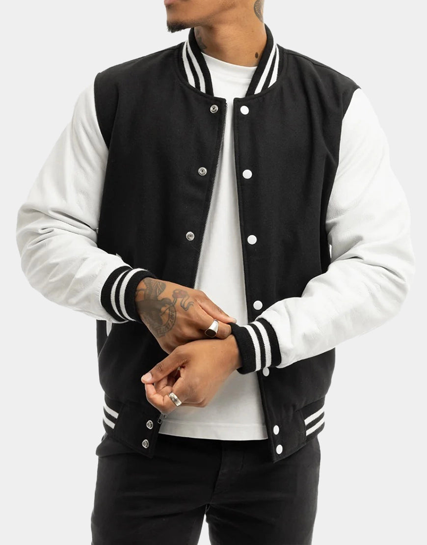 Jude Men's Varsity Jacket black leather varsity jacket for men stylish winter outfit