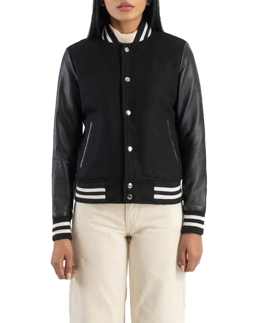 Julie Black Hybrid Varsity Jacket For Women's in premium black leather with modern varsity style by Gloss Leather
