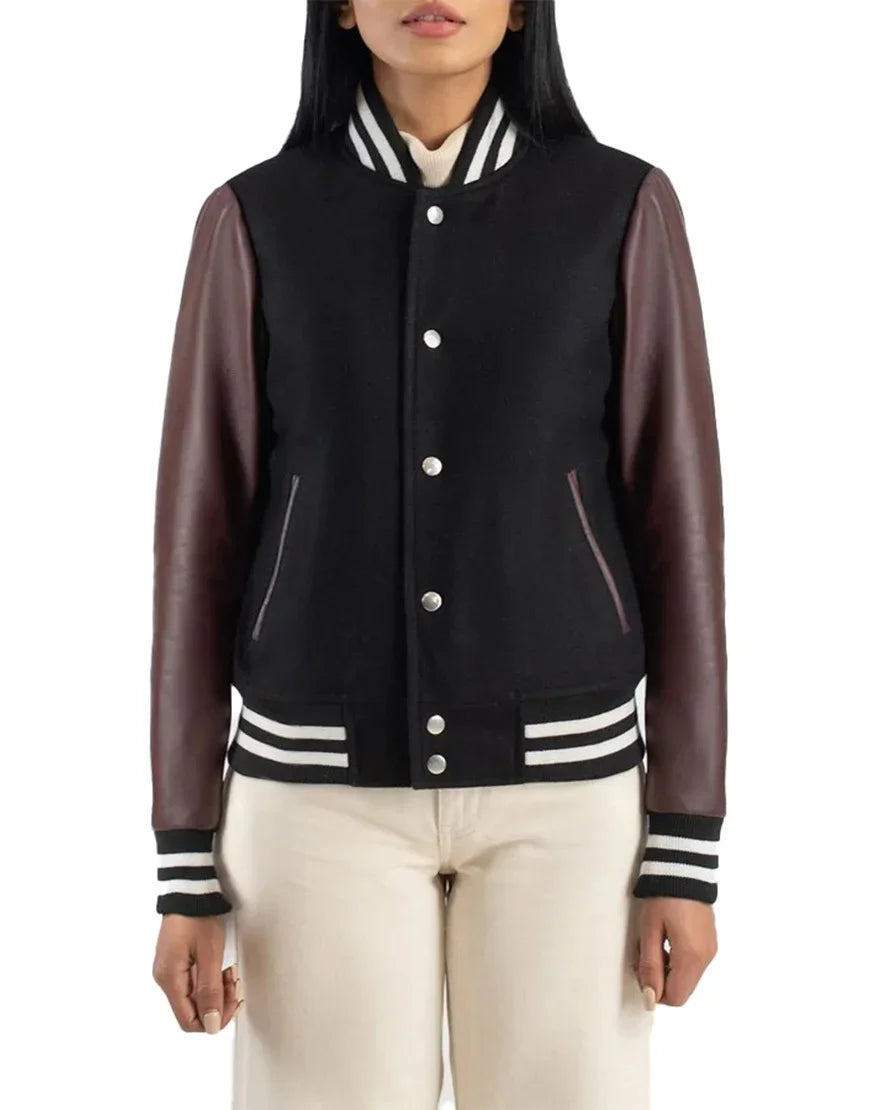 Julie Maroon & Black Hybrid Varsity Jacket for Women stylish maroon and black women bomber varsity jacket by Gloss Leather