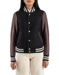 Julie Maroon & Black Hybrid Varsity Jacket for Women stylish maroon and black women bomber varsity jacket by Gloss Leather