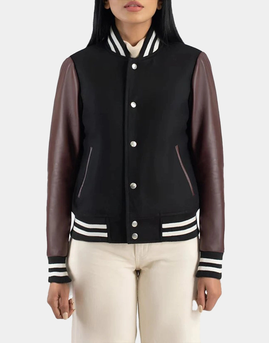 Julie Maroon & Black Hybrid Varsity Jacket back side premium stitching and fit