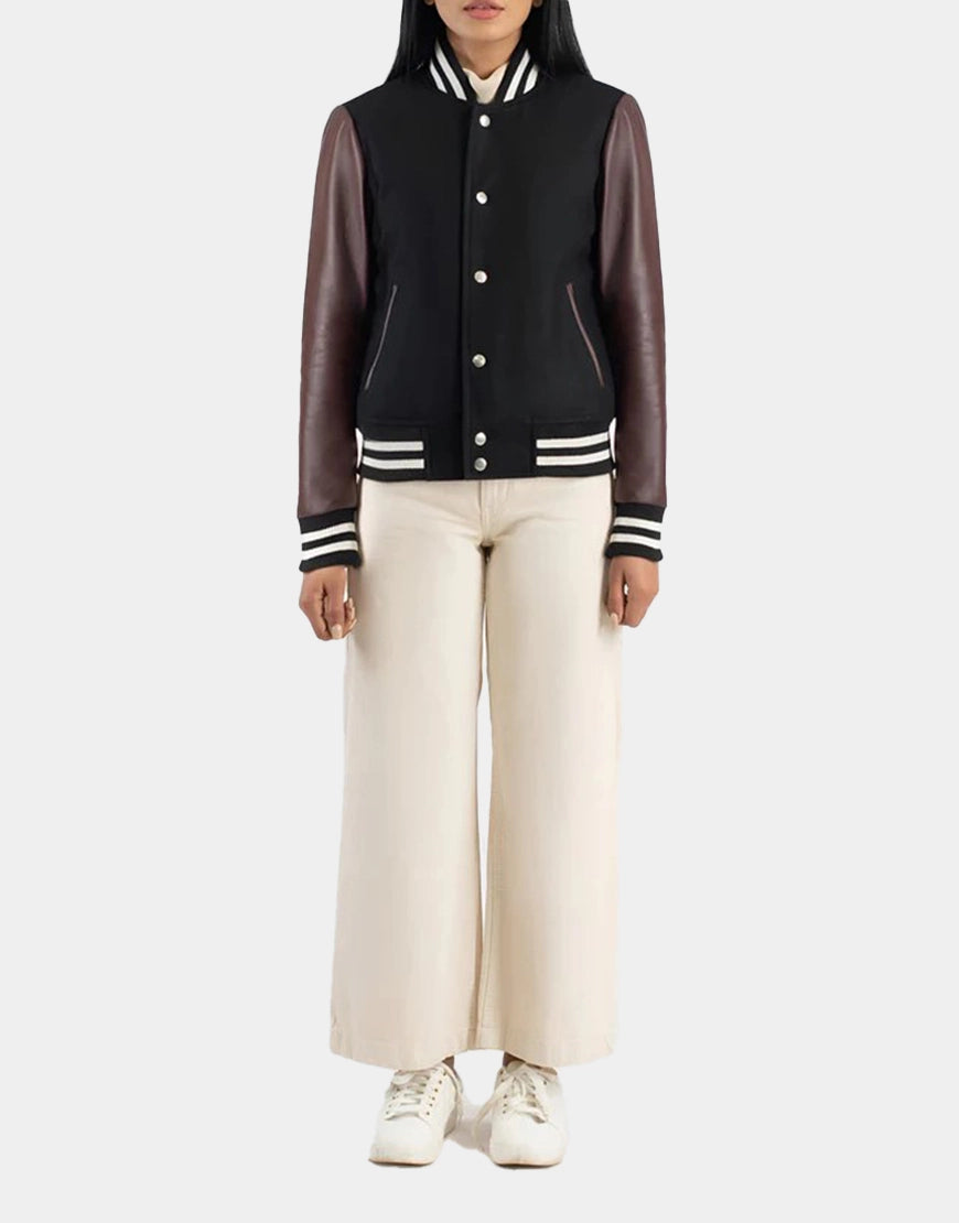 Julie Maroon & Black Hybrid Varsity Jacket for Women front view stylish design by Gloss Leather