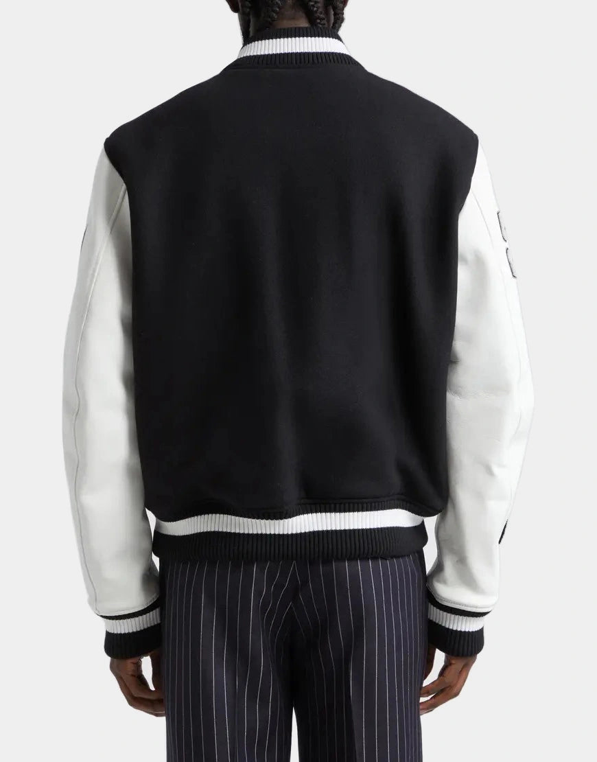 Leather & Virgin Wool Blend Varsity Jacket for Men in black with genuine leather sleeves and warm wool body.