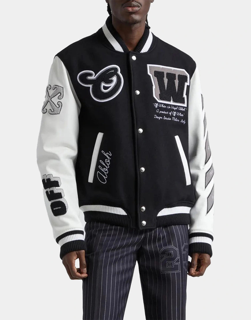 Leather & Virgin Wool Blend Varsity Jacket for Men with black genuine leather sleeves and premium virgin wool body by Gloss Leather.