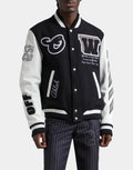 Leather & Virgin Wool Blend Varsity Jacket for Men with black genuine leather sleeves and premium virgin wool body by Gloss Leather.