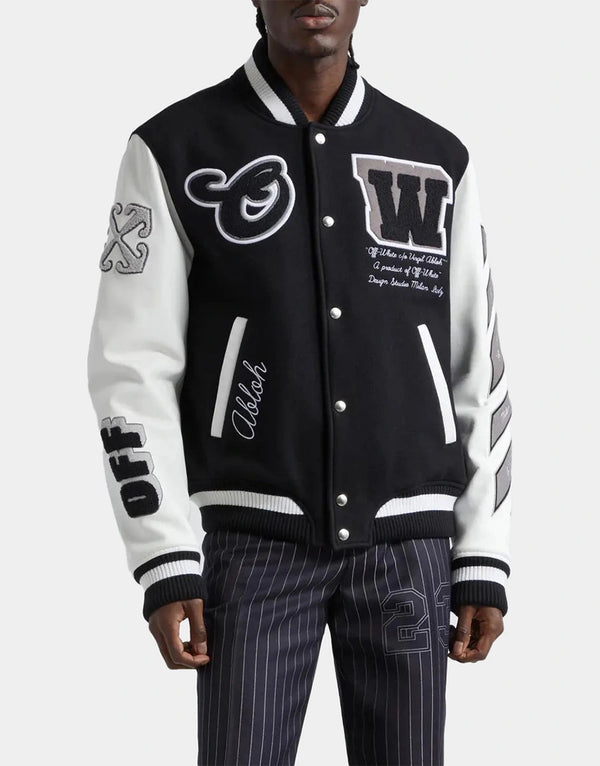 Leather & Virgin Wool Blend Varsity Jacket for Men with black genuine leather sleeves and premium virgin wool body by Gloss Leather.