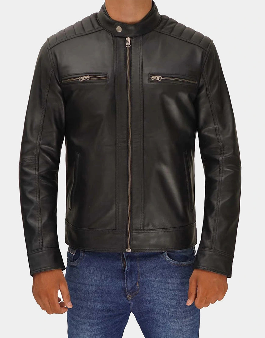 Luis Men's Black Cafe Racer Leather Jacket premium black biker style jacket by Gloss Leather