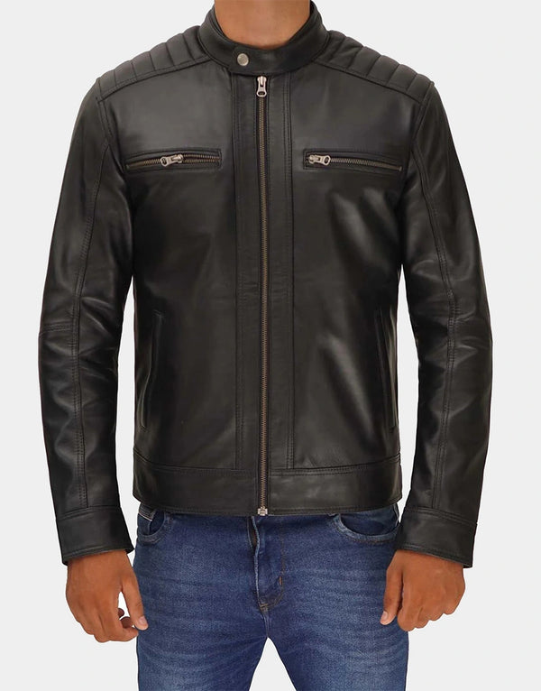 Luis Men's Black Cafe Racer Leather Jacket premium black biker style jacket by Gloss Leather