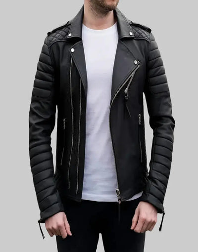 Men Moto Style Black Genuine Leather Jacket