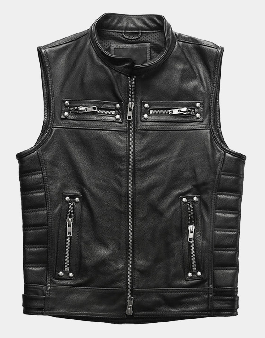 Motorcycle Rivets Genuine Leather Vest premium biker genuine leather vest for men and women by Gloss Leather