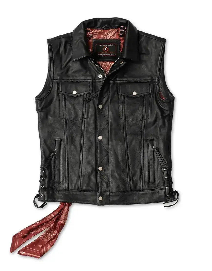 Piston Leather Vest for Men – Black Premium Leather Vest by Gloss Leather