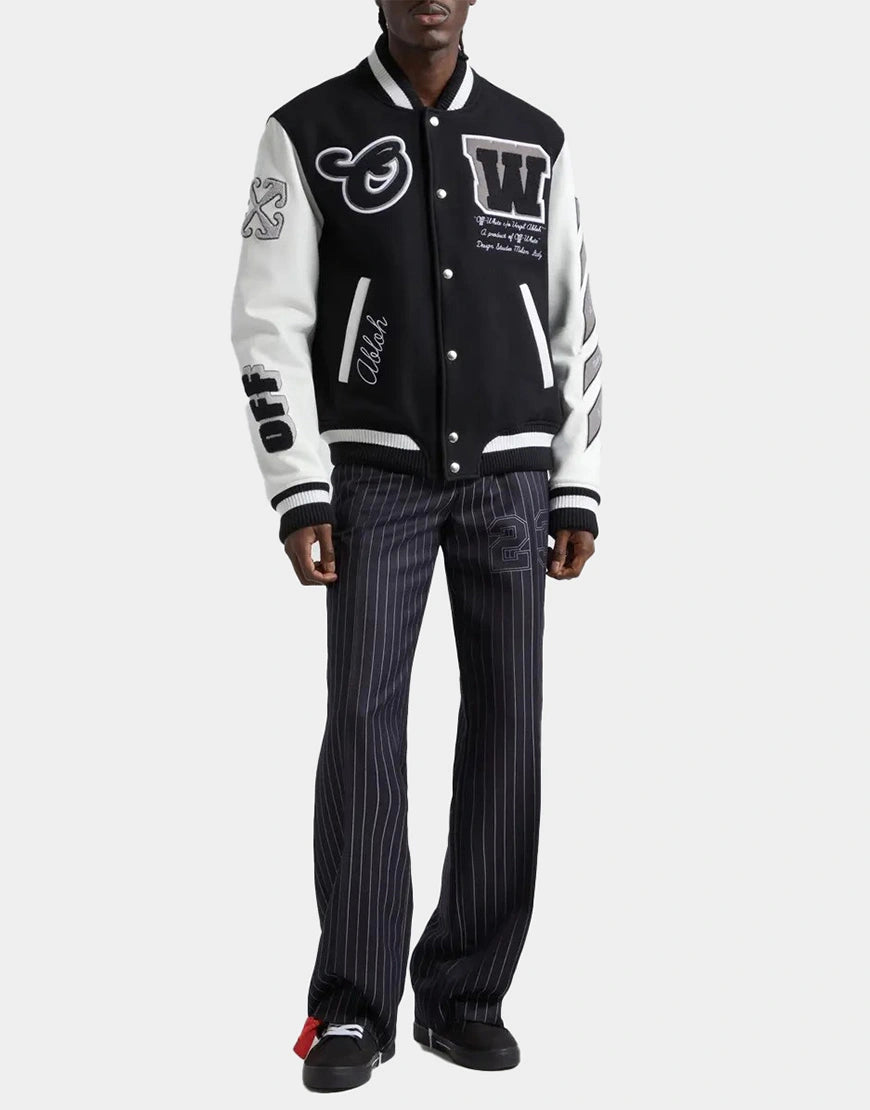 Premium Leather & Virgin Wool Blend Varsity Jacket for Men with classic varsity style and ribbed cuffs.