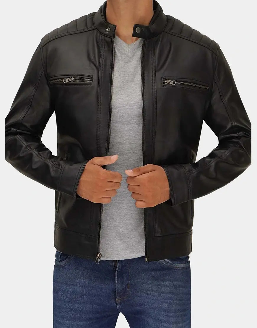 Premium black cafe racer leather jacket for men with sleek biker design and durable stitching by Gloss Leather