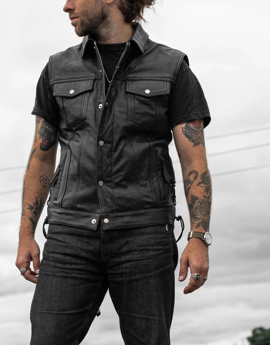 Piston Leather Vest for Men – Premium black leather vest with zipper closure