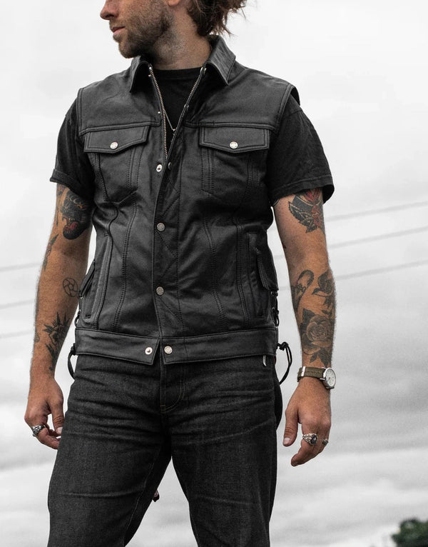 Piston Leather Vest for Men – Premium black leather vest with zipper closure