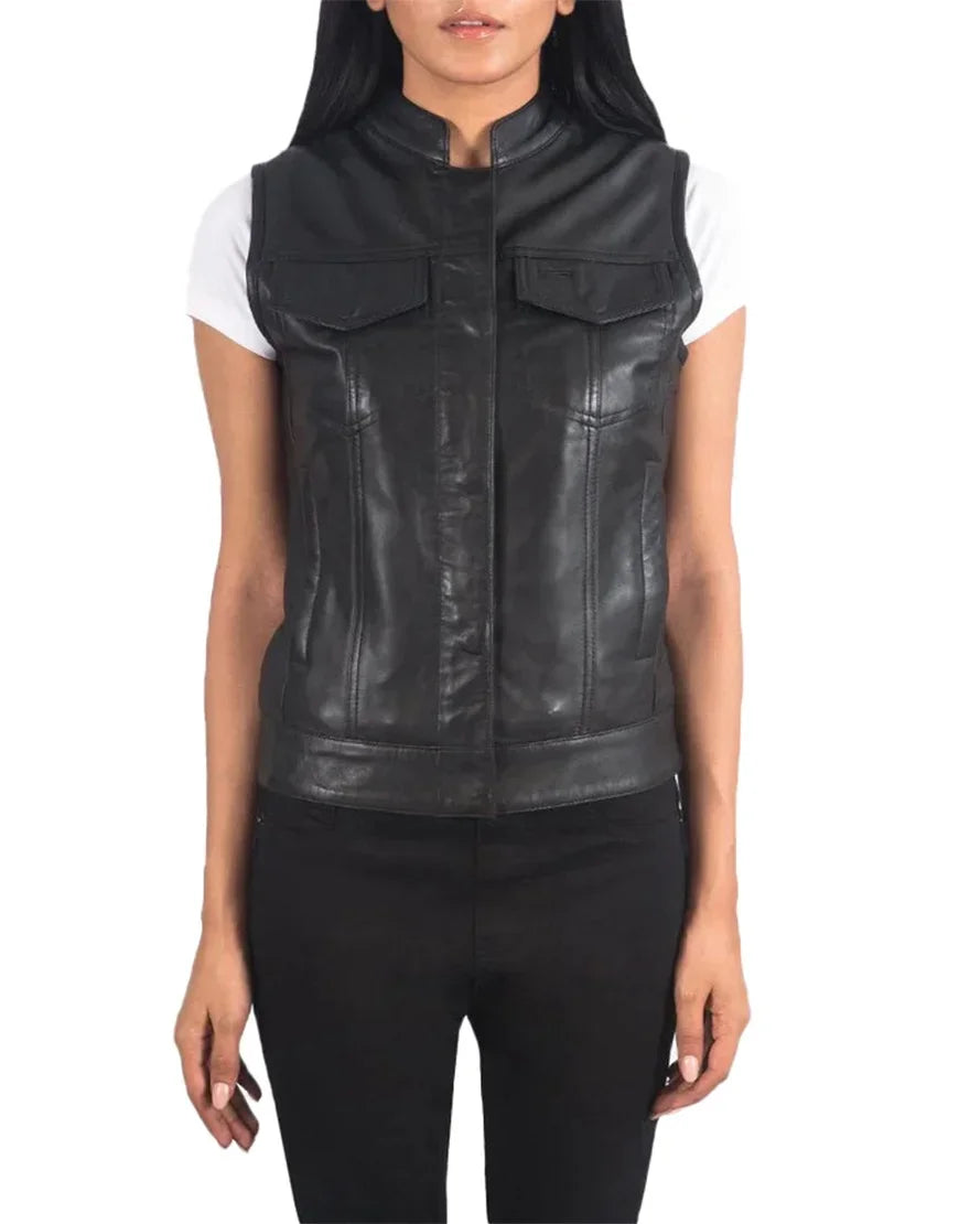 Rayne Moto Black Leather Vest for Women's stylish premium biker leather vest in black color