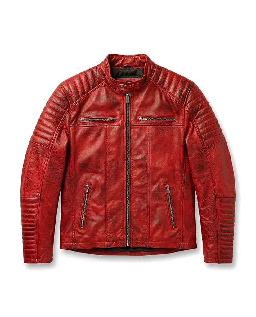 Quilted Cafe Racer Red Distressed Moto Leather Jacket