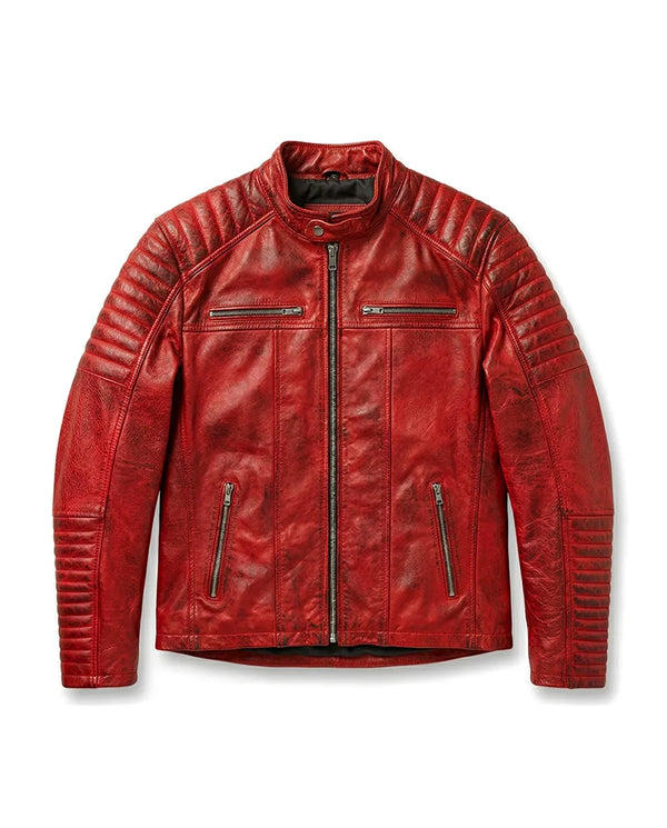 Quilted Cafe Racer Red Distressed Moto Leather Jacket