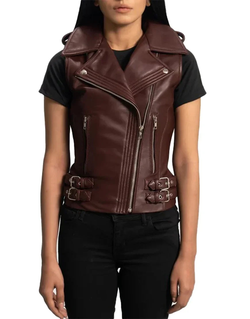 Rhonda Women's Maroon Leather Biker Vest premium maroon leather stylish biker vest for women