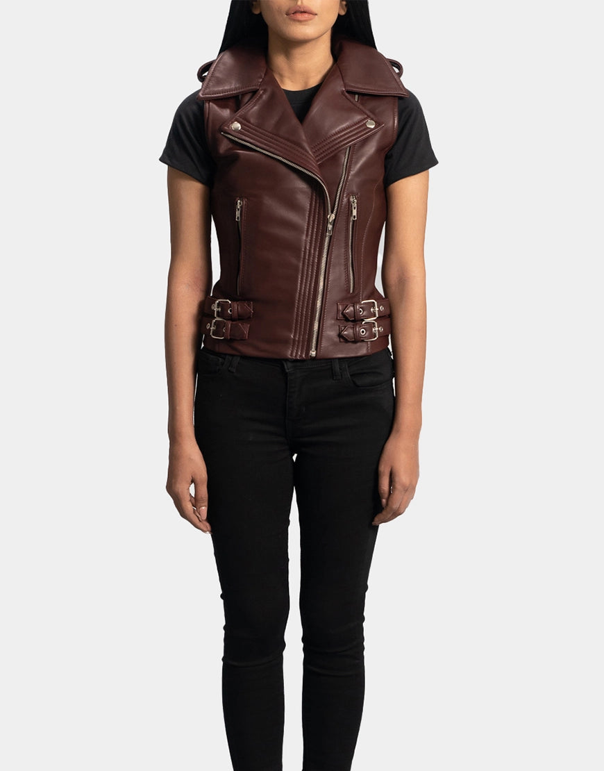 Rhonda Maroon Leather Biker Vest by GL for women, Rhonda Women's Maroon Leather Biker Vest premium