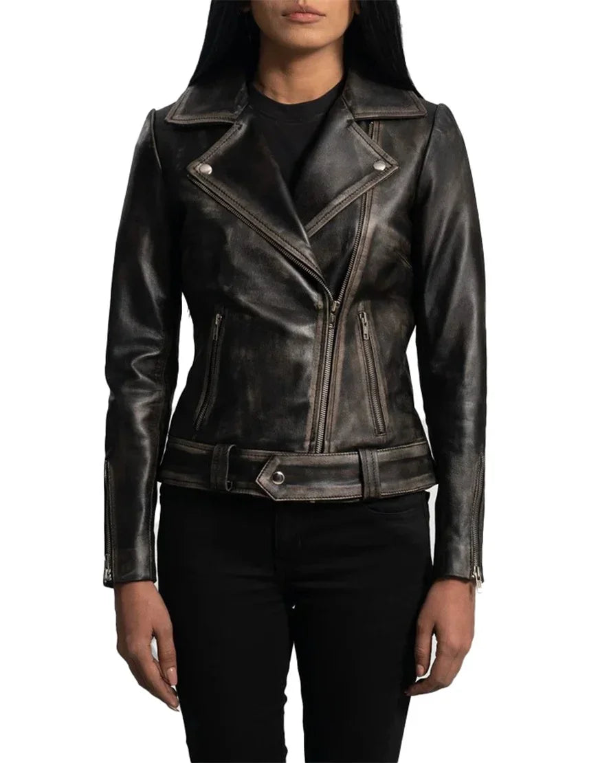 Rumy Distressed Brown Leather Biker Jacket for Women's stylish premium biker jacket in brown leather by Gloss Leather