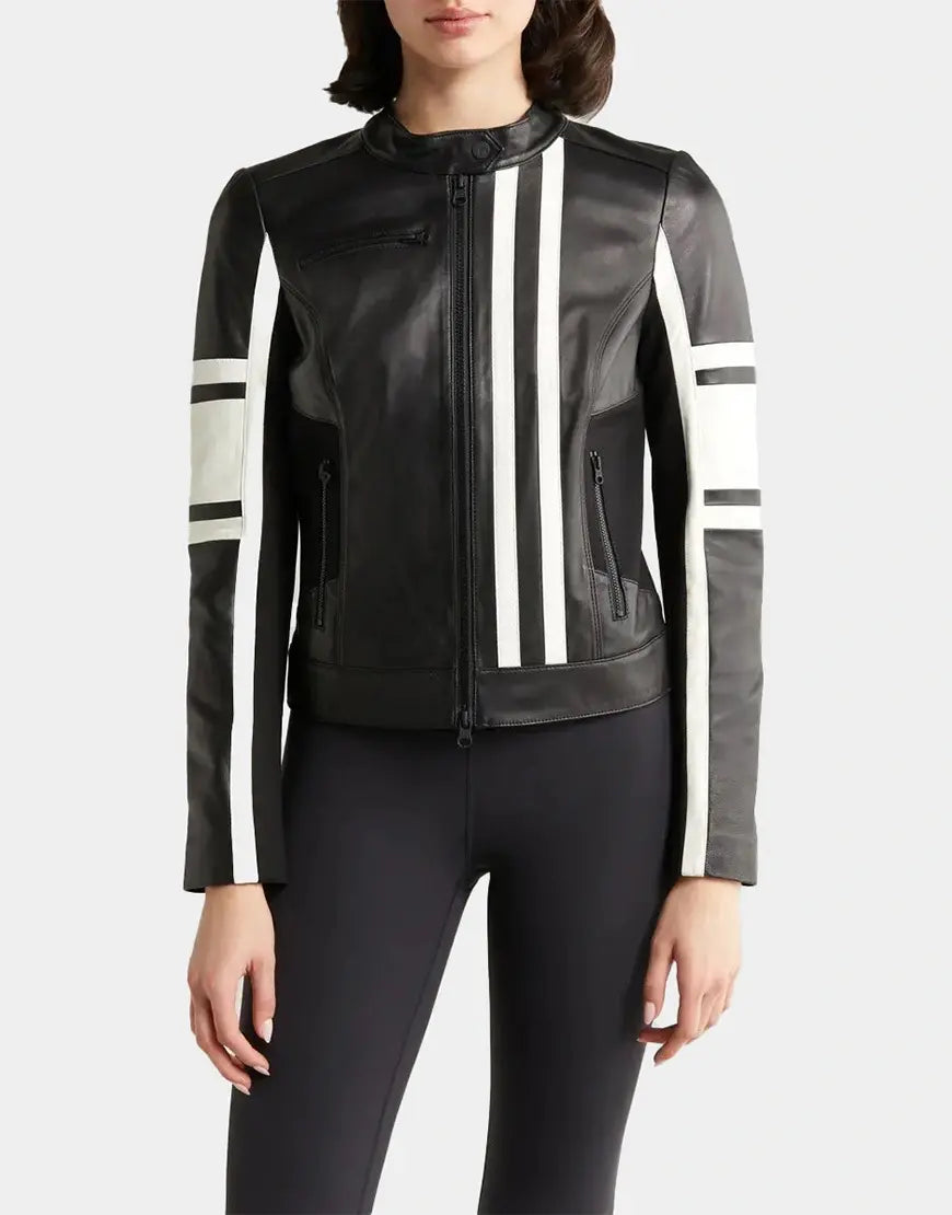 Sleek and Stylish Claudine Leather Racer Jacket in black premium leather with racer style design for modern biker fashion