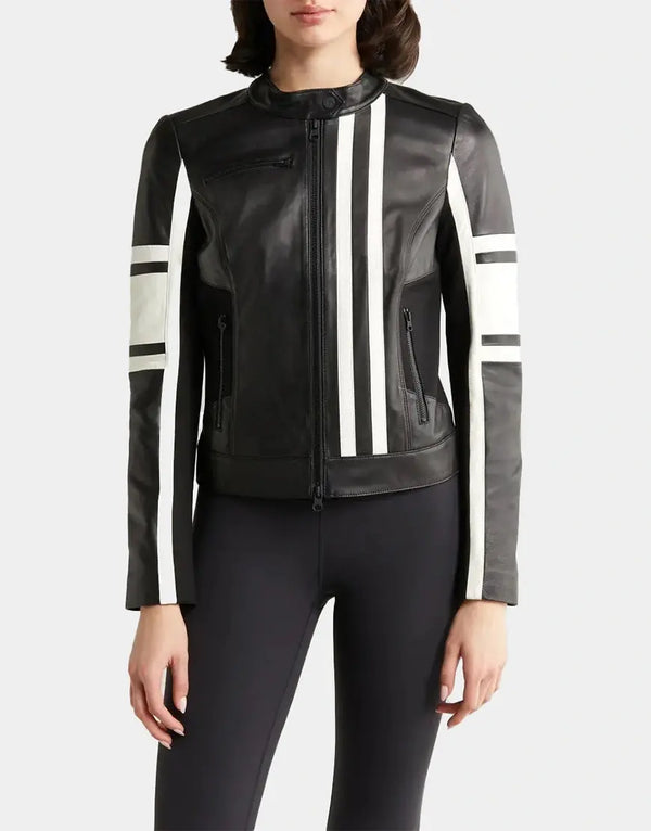 Sleek and Stylish Claudine Leather Racer Jacket in black premium leather with racer style design for modern biker fashion