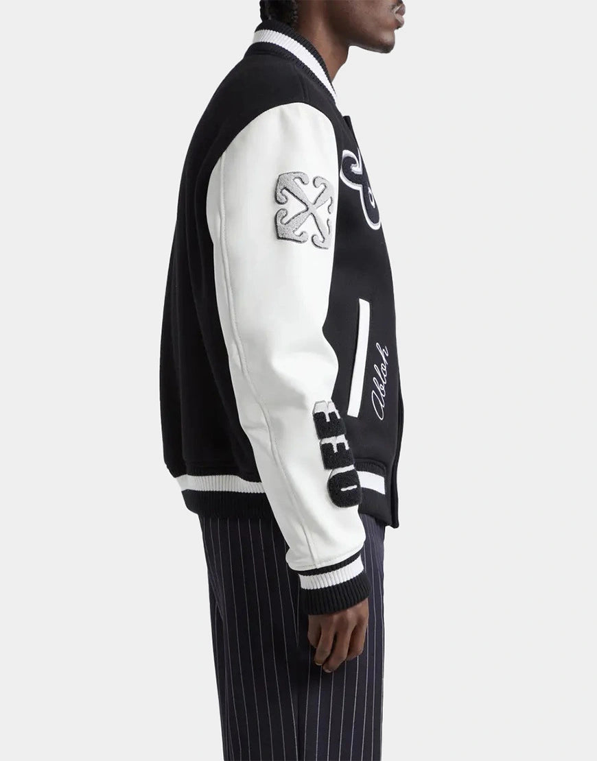 Stylish Leather & Virgin Wool Blend Varsity Jacket for Men with snap button closure and black leather finish.