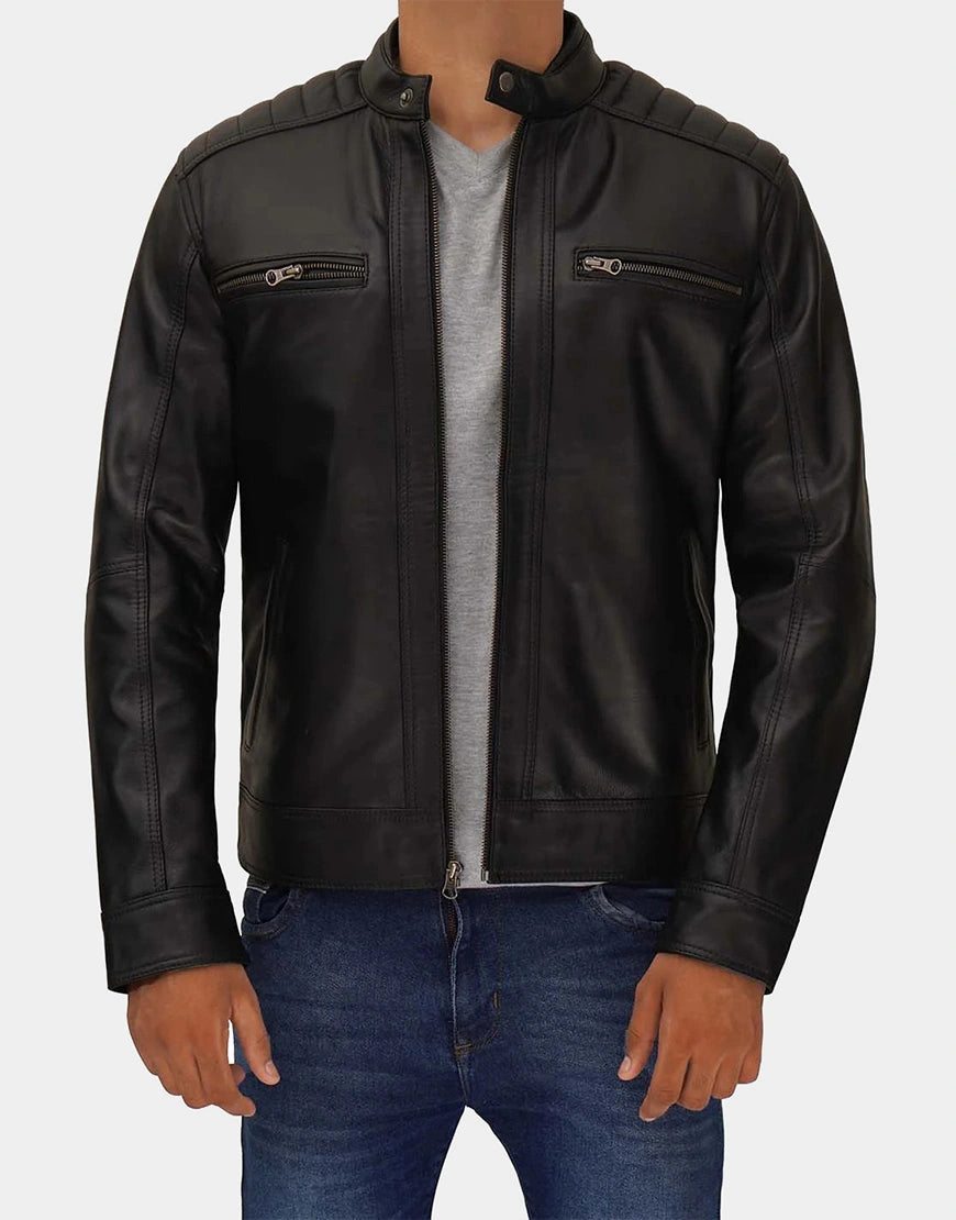 Stylish Luis Men's Black Cafe Racer Leather Jacket with front zipper and snap tab collar for men by Gloss Leather