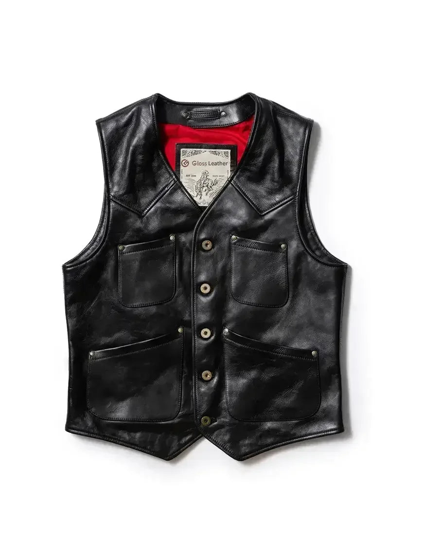 The Journeyman Cowhide Black Leather Vest premium biker vest jacket for men and women in black cowhide leather.