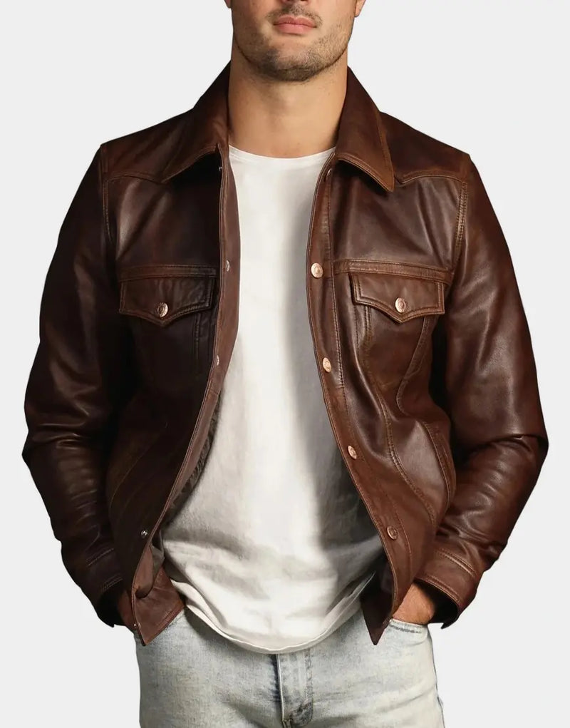 The Lumberjack Brown Washed-Off Leather Trucker Jacket for men by Gloss Leather in vintage brown leather style.
