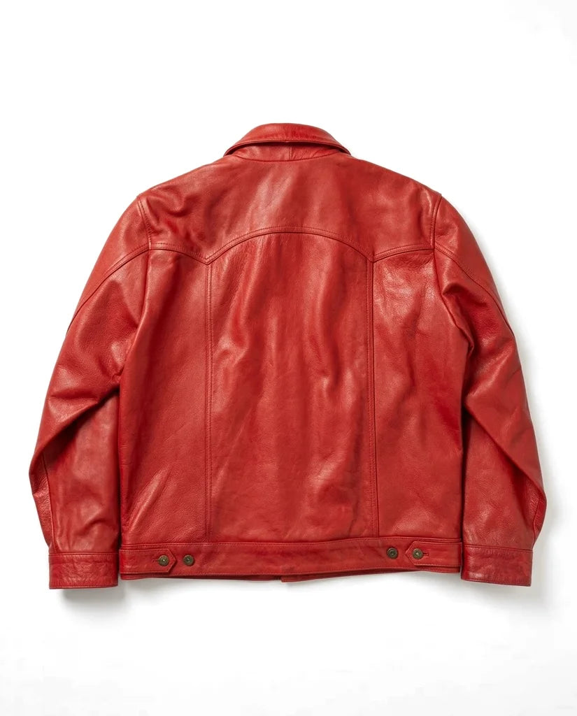 Trendy red leather shirt jacket for men with button-up trucker design – Gloss Leather
