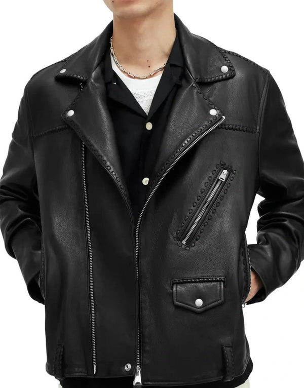 Warner Relaxed Fit Whipstitch Leather Biker Jacket premium black leather biker jacket for men by Gloss Leather.
