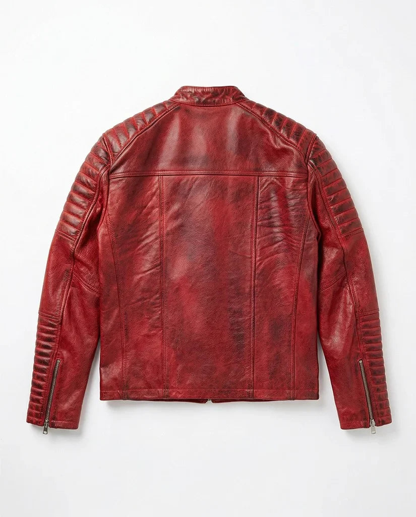 Quilted Cafe Racer Red Distressed Moto Leather Jacket