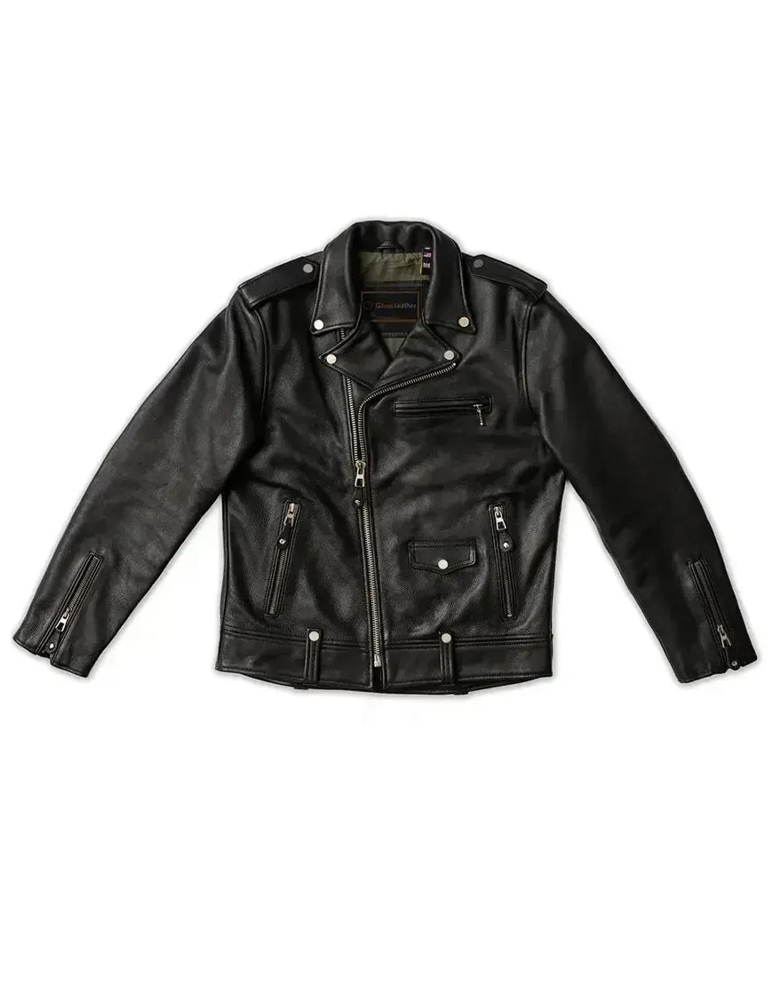 Widowmaker Black Motorbike Leather Jacket for Men premium biker style jacket by Gloss Leather suitable for motorcycle riders and leather fashion enthusiasts.