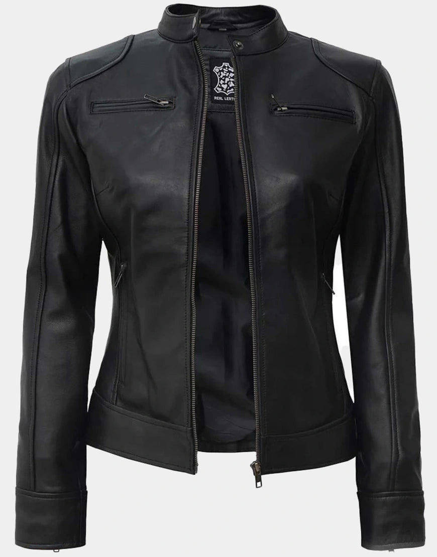 Women Black & Brown Motorcycle Lambskin Leather Jacket premium lambskin biker jacket for women by Gloss Leather