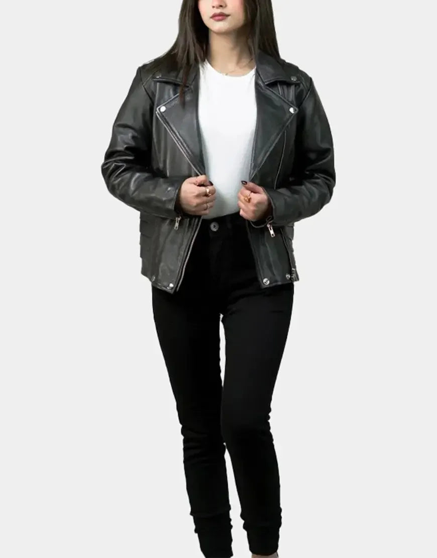 Women Leather Biker Jacket with Notch Collar stylish black leather biker jacket for women by Gloss Leather.