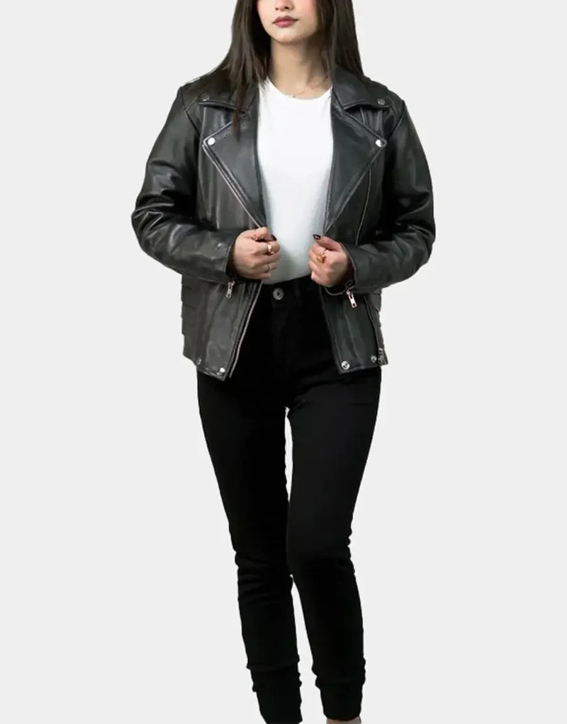 Women Leather Biker Jacket with Notch Collar stylish black leather biker jacket for women by Gloss Leather.