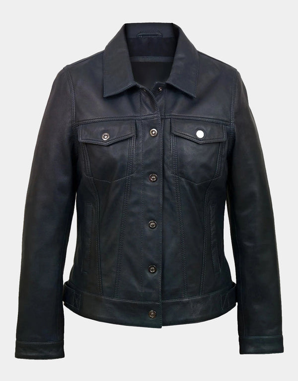 Women's Black Denim Style Tilly Leather Jacket in black leather with denim-inspired design by Gloss Leather.