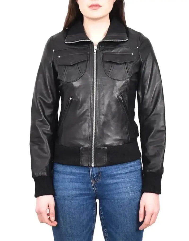 Black leather jacket worn by a person on a white background