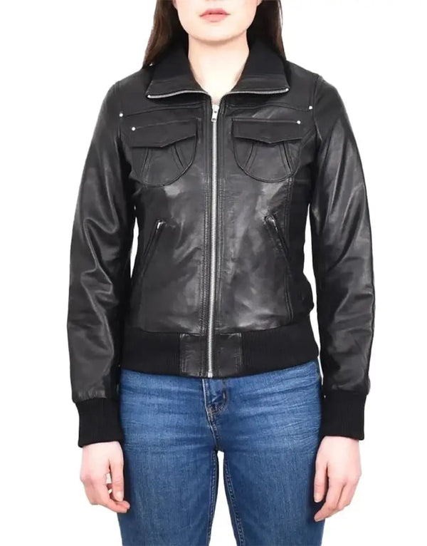 Black leather jacket worn by a person on a white background