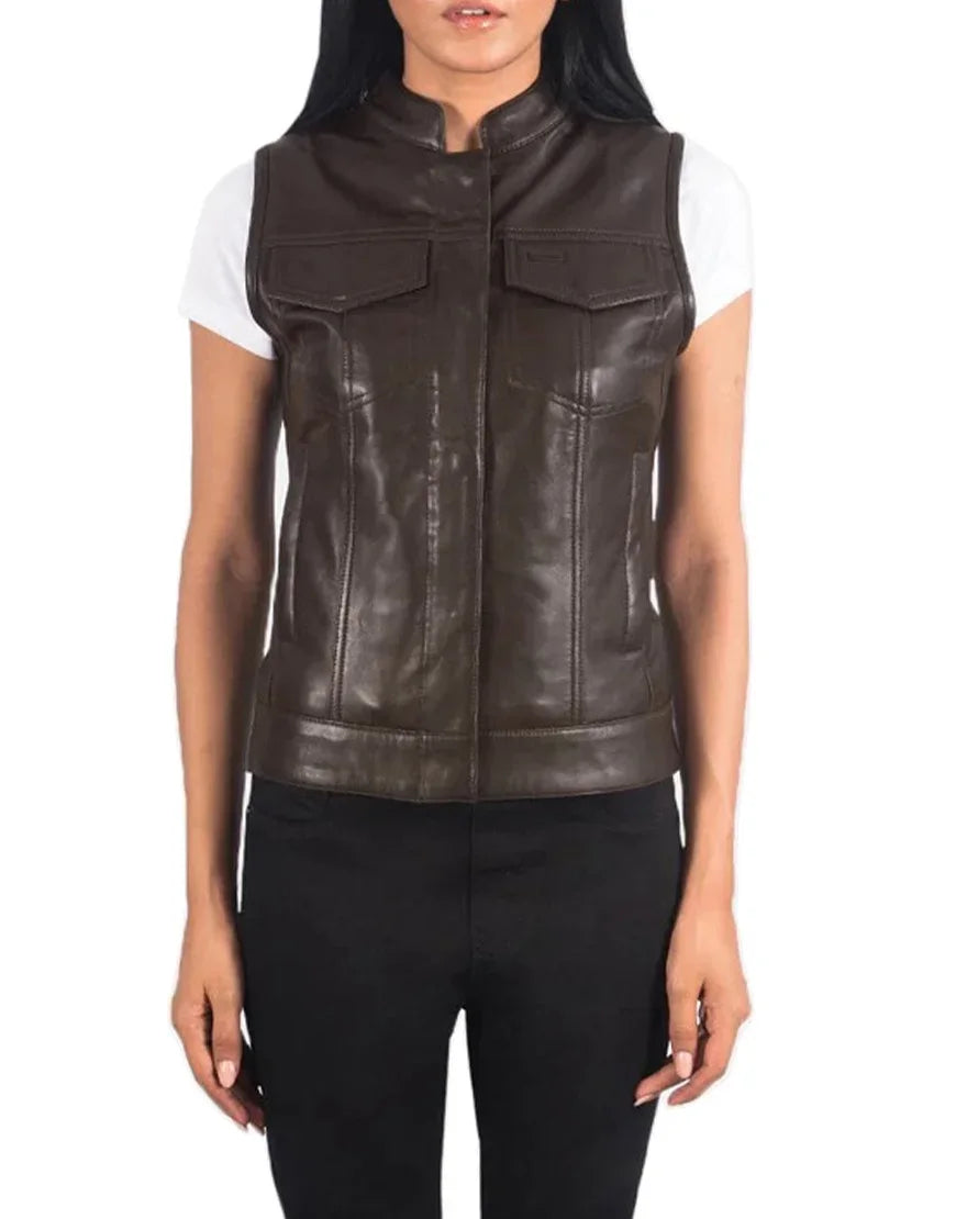 Brown leather vest worn by a person on a white background